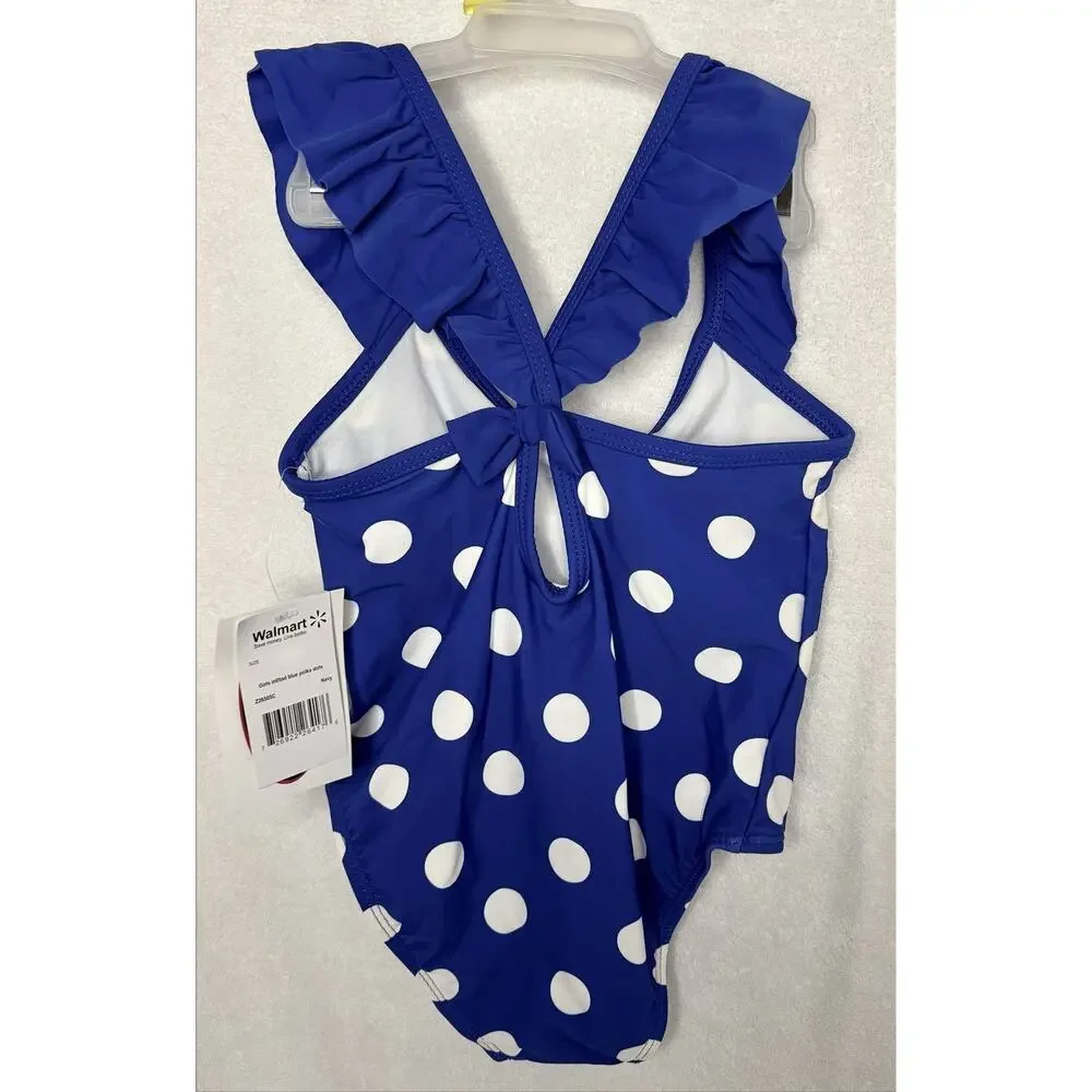 4T Toddler Girls Blue Polka Dot One-Piece Bathing Suit w/Ruffles, Keyhole Back